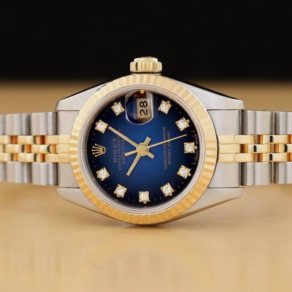 ROLEX 18K DATEJUST BLUE VIGNETTE FACTORY DIAMOND WATCH WITH BOX - Picture 2 of 8